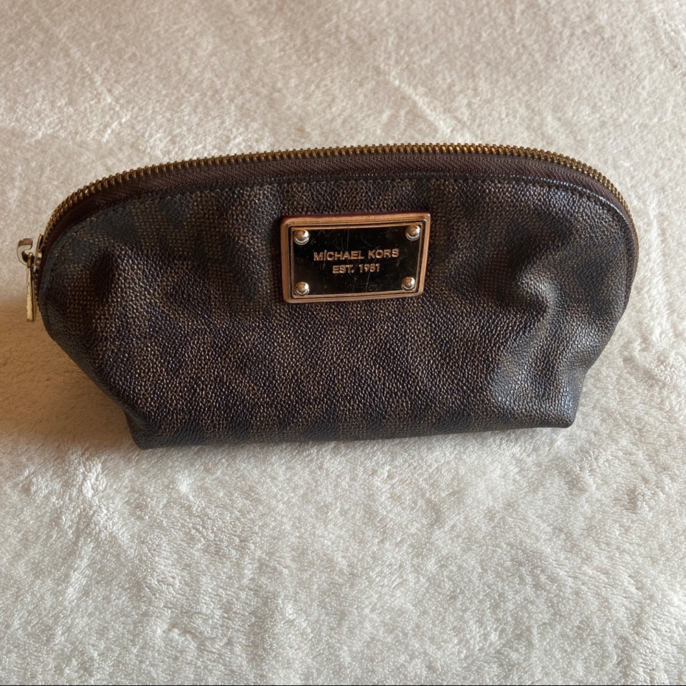 Michael Kors MK brown print logo makeup bag / small cosmetic bag used condition